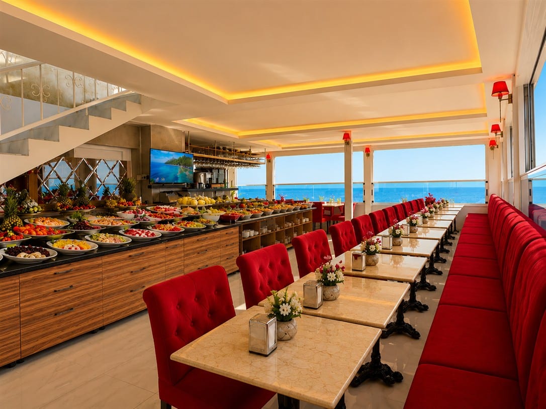 Breakfast hall with sea view at Ayasofya Hotel